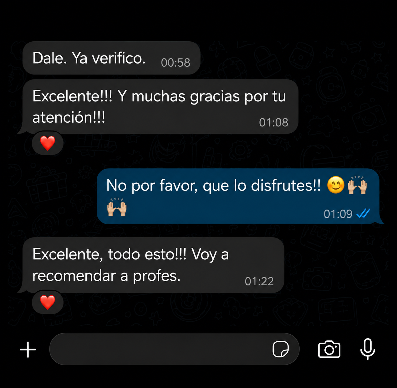Captura de conversación agradeciendo el material